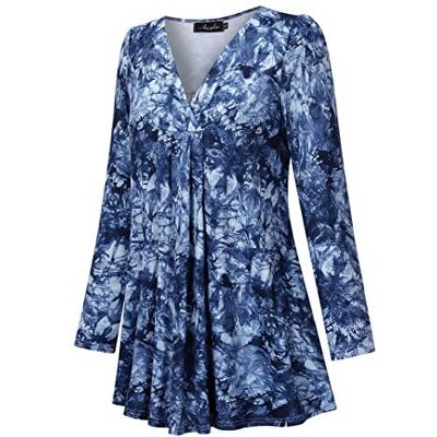Plus Size Women's V-Neck Long Sleeve T-Shirt with Ruffle Detail Stretchy Soft Printed Blouse Fall Winter Tops XL to 5XL