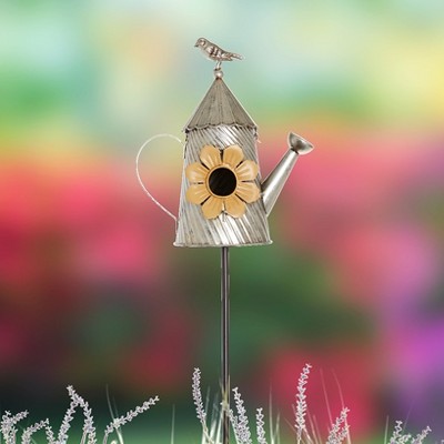 Yellow Metal Watering Can Birdhouse Garden Stake with Flower Decor