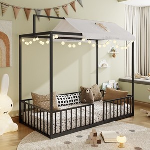 Twin/Full Size 3-in-1 Convertible Montessori Metal Floor Bed, Fenced Toddler Bed, Canopy Platform Bed - ModernLuxe - 1 of 4
