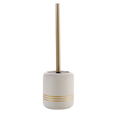 White and Gold Ceramic Toilet Brush Holder with Stainless Steel Handle