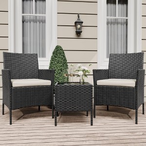 homfan 3-Piece Patio Furniture Set, With Cushions & Glass Table, All-Weather Rattan Chairs for Garden, Porch, Poolside - 1 of 4
