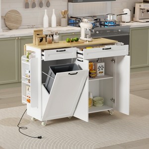 Modern Portable Kitchen Island on Wheels,Rolling Kitchen Island Cart with Trash Can Storage,Drop Leaf, 2 Drawers, 3-Tier Spice Rack & Towel Rack - 1 of 4
