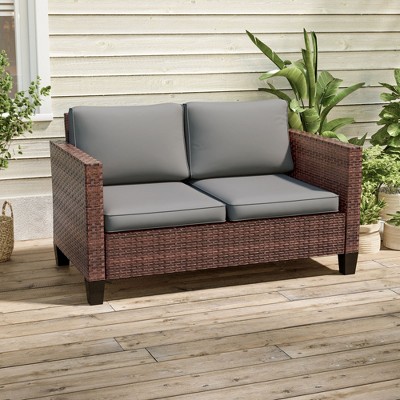 Sonkuki Patio Loveseat Sofa, All-Weather PE Rattan Wicker Set Small Patio Conversation Couch with Cushion