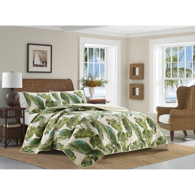 Twin White Cotton Reversible Quilt Set with Green Palm Design