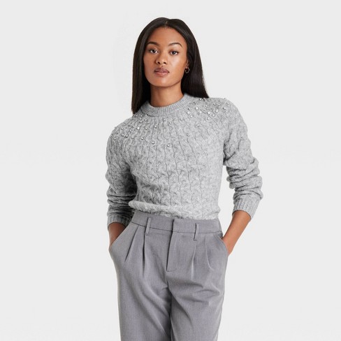 Women s Cable Crewneck Pullover Sweater A New Day Gray S