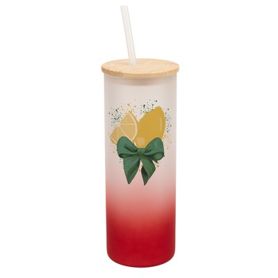 Elanze Designs 25 Ounce Frosted Glass Gradient Travel Tumbler With Straw and Wooden Lid, Lemon Red