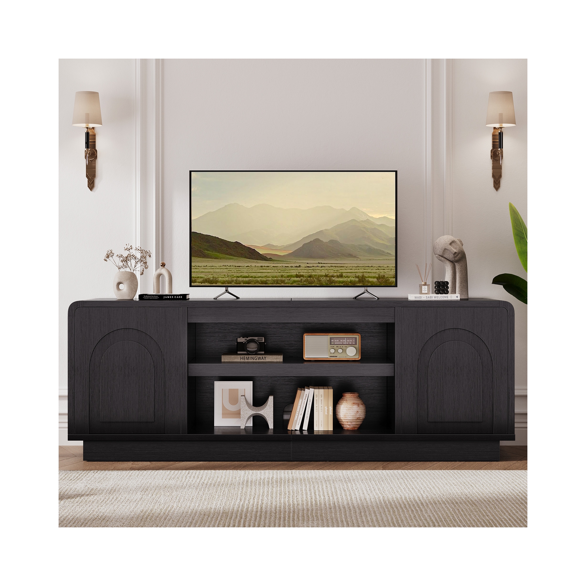 Bestier 63" TV Stand for 55/60/65 inch TV, 70" TV Console Table with 2 Doors Cabinets & Open Storage, Fluted Low Medium Console Table, Black