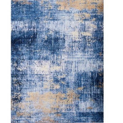HomeRoots 6' X 9' Blue and Gold Abstract Printed Washable Non Skid Area Rug