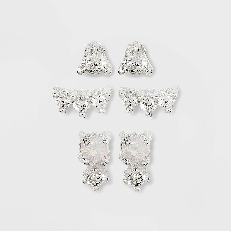 Sterling Silver Cubic Zirconia and Faux Opal Stud Earring Set 3pc - A New Day&#8482;, 1 of 3