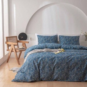 Blue Floral Duvet Cover King, Soft Cotton Garden Style Botanical Bedding Set with 2 Pillowcases - 1 of 4