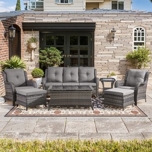 Gymojoy 7 Piece Outdoor Wicker Sofa with Patio Chairs with Coffee Table and Ottoman Sets - 1 of 4