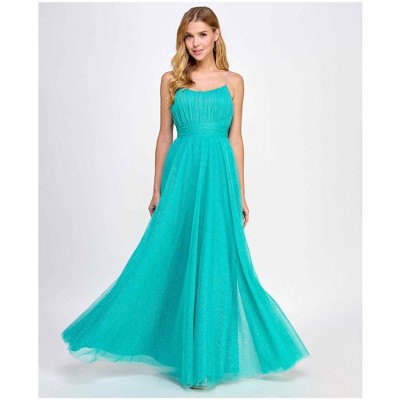 City Studio Womens Tie Belt Glitter Mesh Gown Dress, Green, 11/12