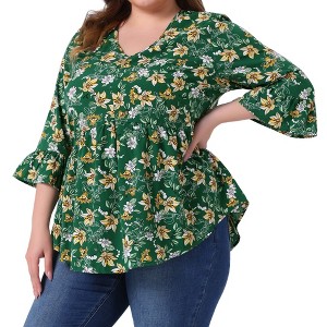 Agnes Orinda Women's Plus Size Floral V Neck Ruffle Sleeve Loose Fit Babydoll Peplum Blouse - 1 of 4