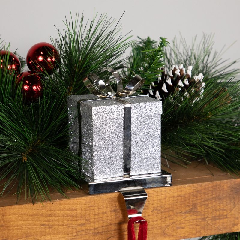 Northlight 5.5" Silver Glitter Gift Box with Bow Christmas Metal Stocking Holder, 3 of 6