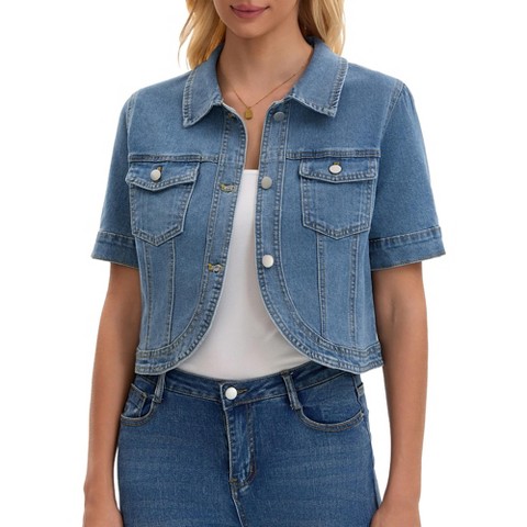 INSPIRE CHIC Women's Short Sleeve Turndown Collar Curve Hem Pockets Denim Cropped Jean Jacket Small Light Blue
