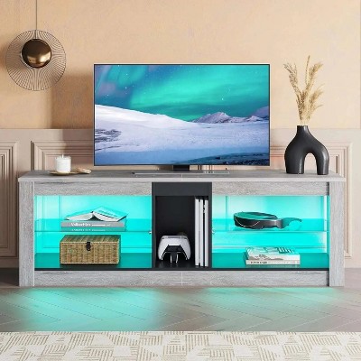 Black Marble 63-inch TV Stand with LED Lights and Glass Shelves
