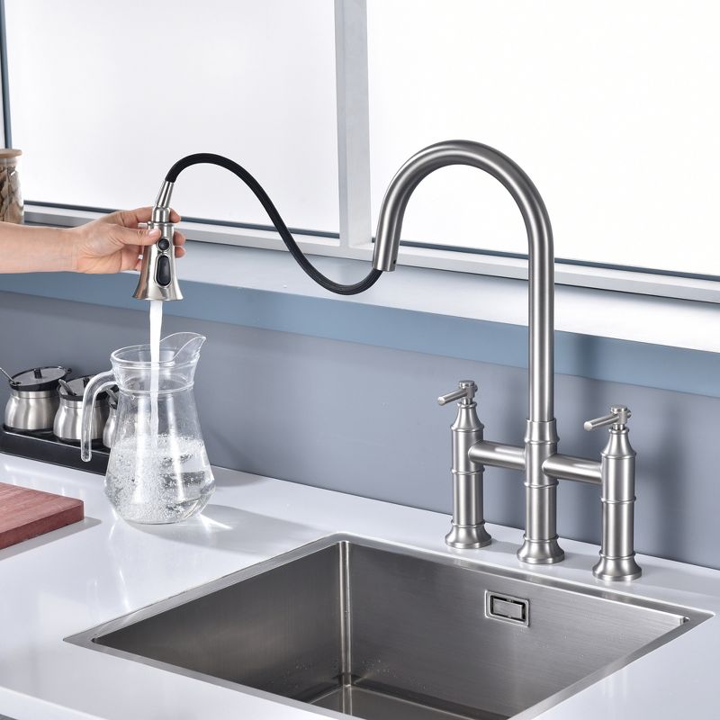 SUMERAIN 2-Handle Bridge Kitchen Sink Faucet with Pull Down Sprayer, 3 Hole, Brushed Nickel, 3 of 12