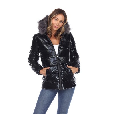 Silver Metallic Hooded Faux Fur-Trimmed Puffer Coat