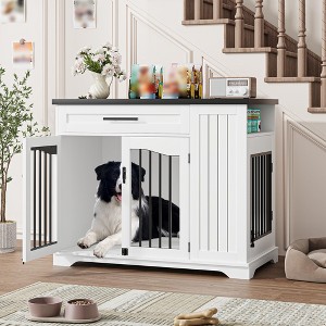 43.7'' Wooden Dog Crate Furniture, Chew-Resistant Indoor Dog Kennel with Feeding Bowls, Decorative Dog Cage End Table for Small/Medium Dogs - 1 of 4