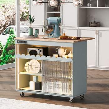 Kitchen Island with Drop Leaf, Kitchen Island Cart on Wheels, Rolling Kitchen Cart Table with Power Outlet and Led Light, Kitchen Storage Island for Kitchen
