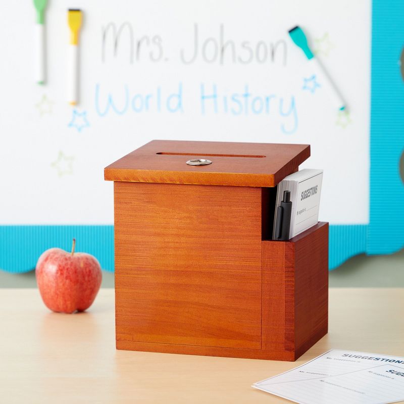 Juvale Wooden Suggestion Box with Lock and Keys, Brown Ballot Box with 50 Blank Suggestion Cards, Locking Lid and Side Slot for Donation, 7.5x7.1x5.5", 3 of 9