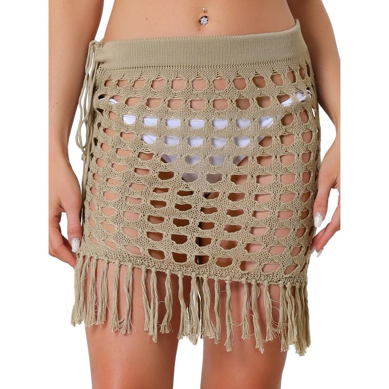 Allegra K Women Crochet Tassel Mesh Cover-Up Drawstring Beach Skirt, 1 of 7