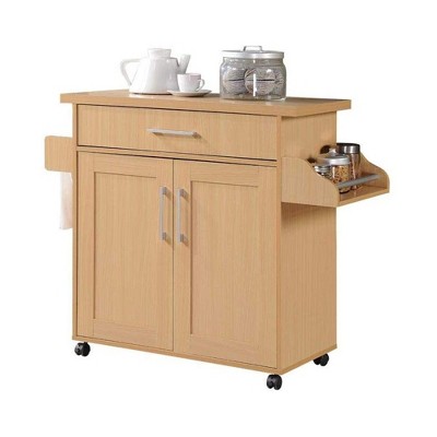 Photo 1 of Hodedah Wheeled Kitchen Dining Room Island Cart with Large Spice Rack and Towel Holder, Beech