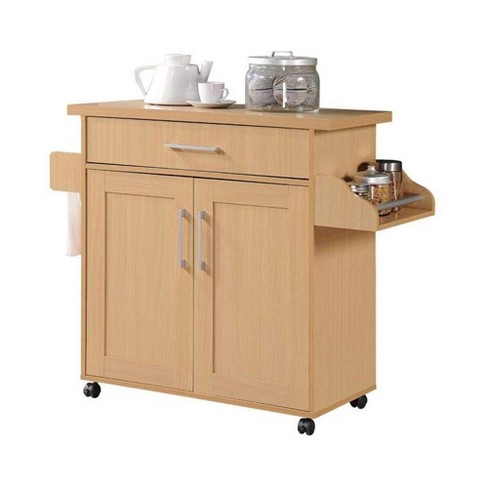 Hodedah Wheeled Kitchen Dining Room Island Cart With Large Spice Rack And Towel Holder Beech Target
