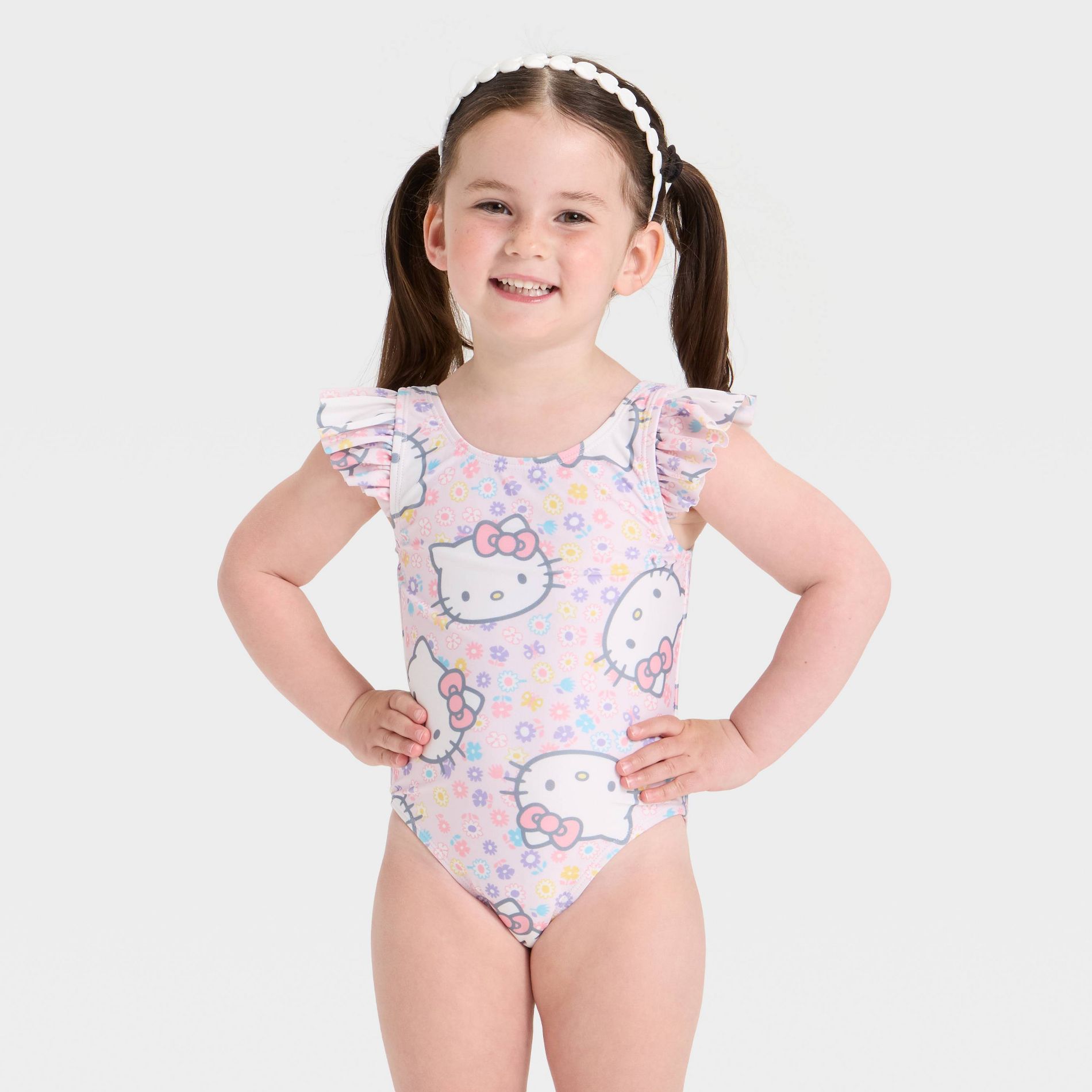 Toddler Girls' Hello Kitty Floral Ruffle One Piece Swimsuit - Pink 5T