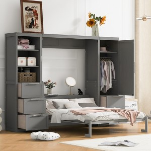 Queen Size Murphy Bed with Closet, Drawers, and Shelves for Bedroom or Apartment - 1 of 4