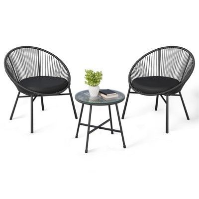 3 Piece Patio Bistro Set, Outdoor Acapulco Chairs Set of 2 with Glass Top Table, All Weather Modern Patio Chairs with Cushions