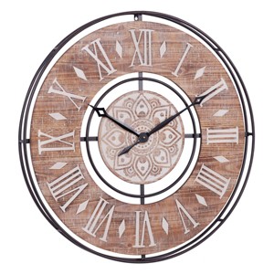 34"x34" Metal Wall Clock with Wood Accents Brown - Olivia & May: Silent, Farmhouse Style, Roman Numerals - 1 of 4