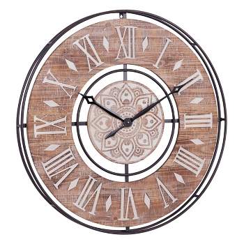 34"x34" Metal Wall Clock with Wood Accents Brown - Olivia & May