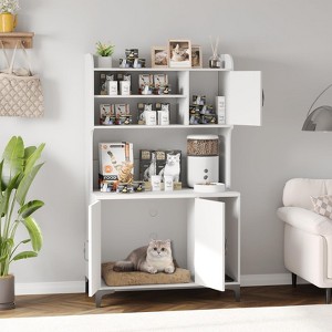 Large Cat Litter Box Enclosure Furniture - Farmhouse Style Pet House with 3 Open Shelves, Storage Cabinet - Modern Wood End Table for Bedroom - 1 of 4