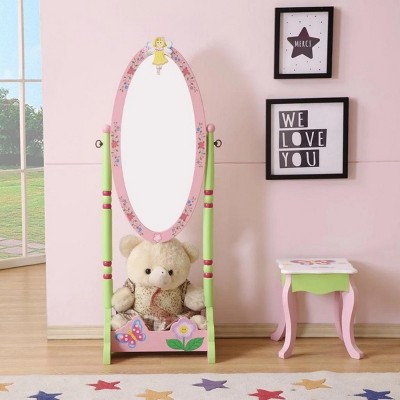 INFURNIC Vanity Tables Kids Wooden Standing Mirror Fairy Theme Hand Carved with Storage for Playrooms, Pink, 16.92"*14.96"*50"
