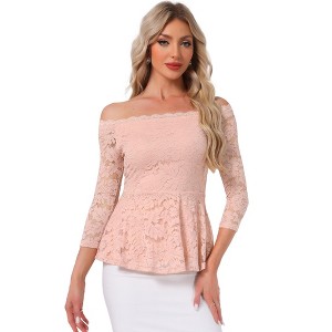 Allegra K Women's Elegant Lace Floral Semi Sheer 3/4 Sleeve Off Shoulder Peplum Top - 1 of 4