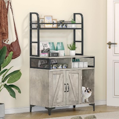 Litter Box Enclosure with Storage Shelves and Doors 2-in-1 Hidden Cat Litter Box Enclosure