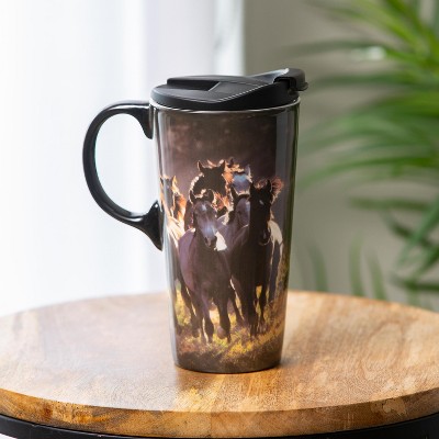 Ceramic Travel Cup, 17 OZ. ,w/box, Running Horses