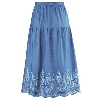 Collections Etc Embroidered Scallopdenim Skirt