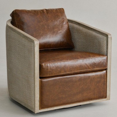 KINWELL 100% Top Grain Genuine Leather Oak Frame Rattan Swivel Barrel Armchair