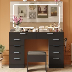 Acekool Vanity Desk with Lights & Mirror, Glass Top Makeup Table with Stool, Outlets & 10 Drawers - 1 of 4