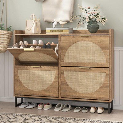 Large Rattan Shoe Storage Cabinet with 4 Flip Drawers