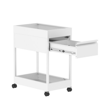 Yukimo 2-Tier Metal Rolling Utility Cart with Drawer and Lockable Wheels, Silent Organizer for Kitchen, Office, Bathroom, Laundry – White