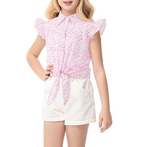 Girls Tie Front Knot Tops with Ruffle Sleeve Plaid Tops Tie Front Blouse Short Sleeve Button Down Shirts for Toddler Girls - 1 of 4