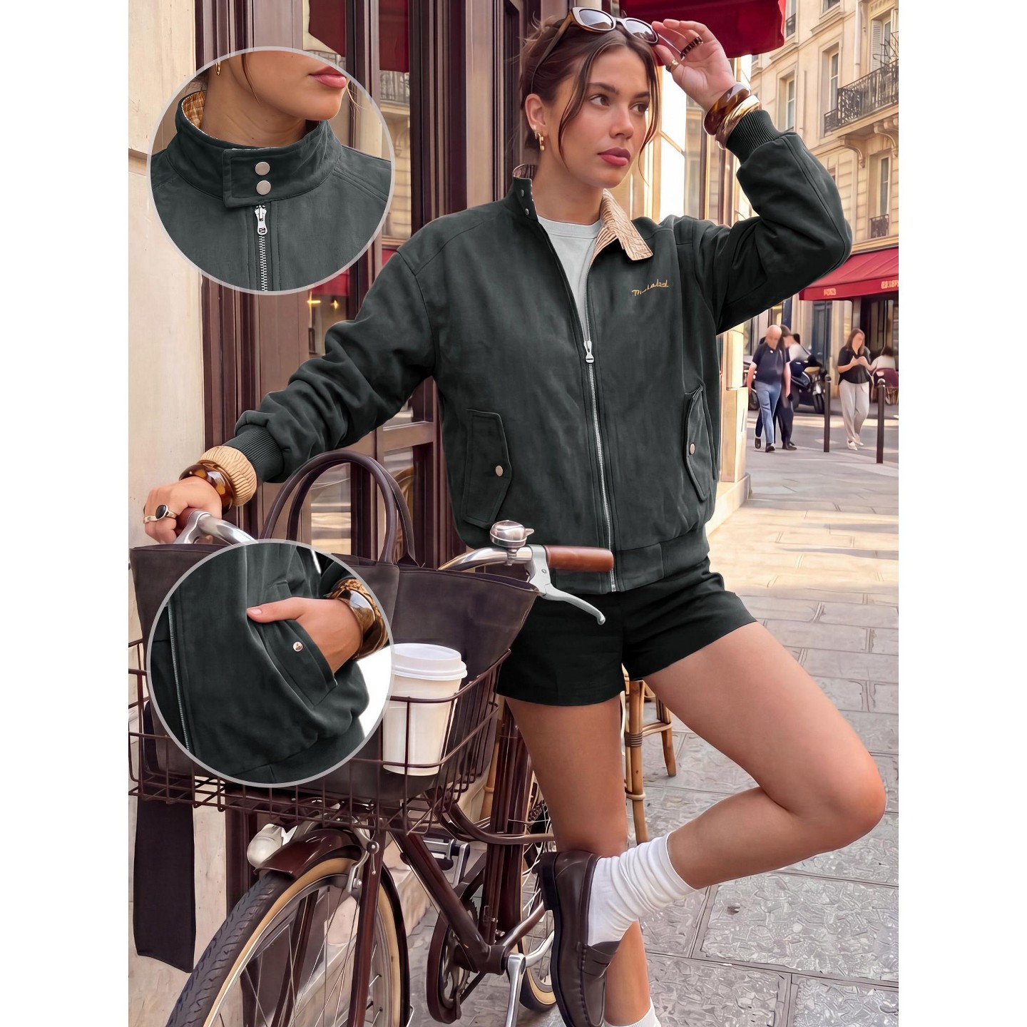 Женские куртки INSPIRE CHIC Plaid Faux Suede Contrast Color Elastic Cuff Lined Casual Dual Zip Pocket Moto Bomber Coats L Gray, цвет: Серый — фото 2