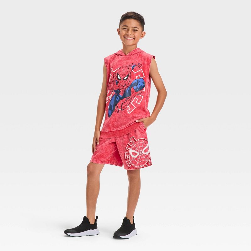 Boys' Spider-Man Cutoff Hoodie Top and Bottom Shorts Set - Red, 3 of 4