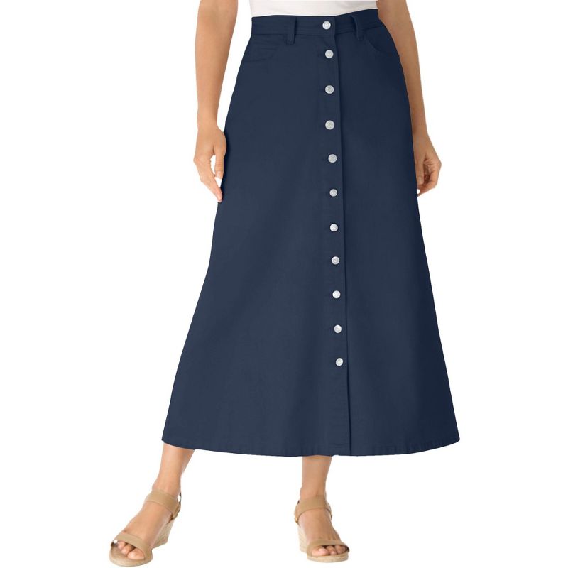 Woman Within Women's Plus Size Perfect Cotton Button Front Skirt, 1 of 2