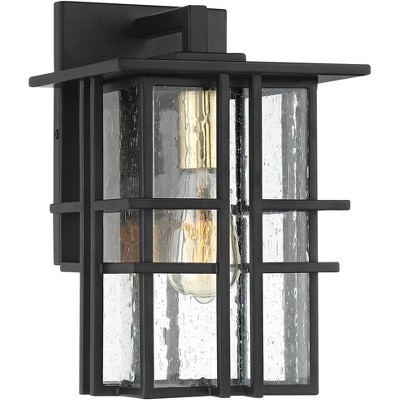 Possini Euro Design Modern Outdoor Wall Light Fixture Black Geometric Frame 16" Seedy Glass for Exterior House Porch Patio Deck