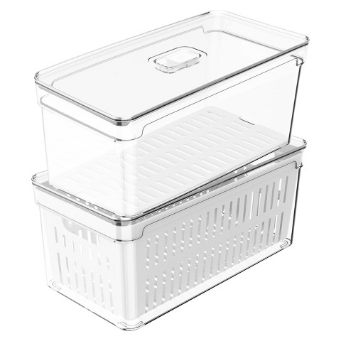OU Fridge Organizer Bins with Drain Baskets & Vented Lids, Clear Stackable Refrigerator Storage Container, Produce Kitchen Storage Bin, BPA Free