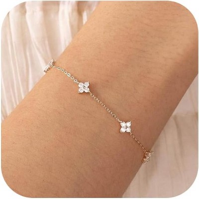 Bracelets for Women 14K Gold Silver Plated Ring Bracelet Hand Chain Dainty Evil Eye Heart Clover Daisy Cubic Zirconia